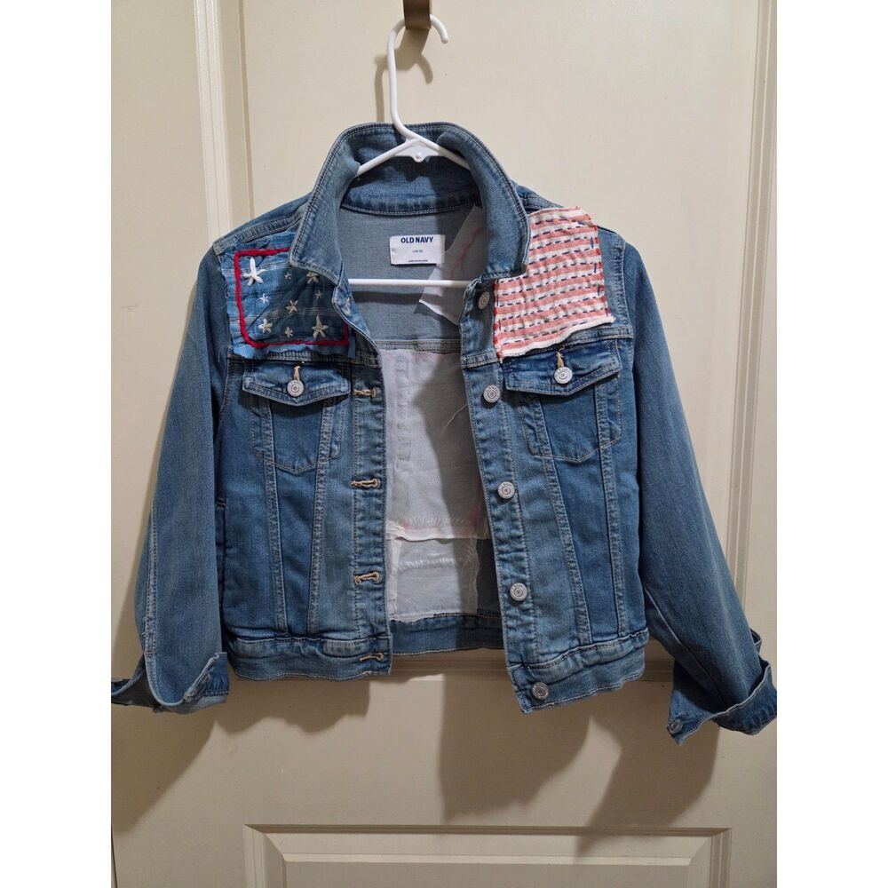 Youth patriotic, upcylced & handstitched jean jacket size 10/12